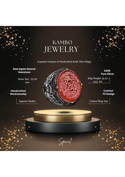 El Yapımı Süleyman Mührü Yüzüğü, Kırmızı Akik Taşı, Islami Erkek Yüzüğü, 925 Ayar Gümüş fiyatları