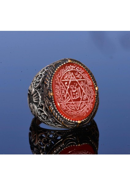 El Yapımı Süleyman Mührü Yüzüğü, Kırmızı Akik Taşı, Islami Erkek Yüzüğü, 925 Ayar Gümüş modelleri
