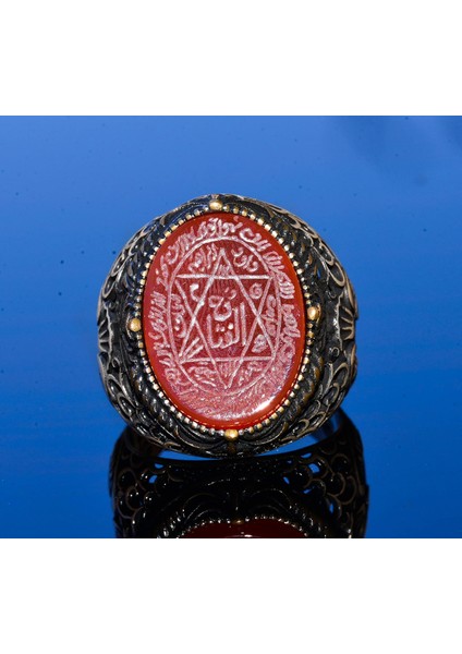 El Yapımı Süleyman Mührü Yüzüğü, Kırmızı Akik Taşı, Islami Erkek Yüzüğü, 925 Ayar Gümüş indirimleri