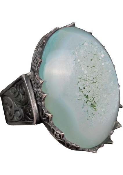 Erkekler Için 925 Ayar Gümüş Yüzük, Doğal Druzy Kuvars: Aqua, Yeşil, Bej Seçenekleri (Aqua)