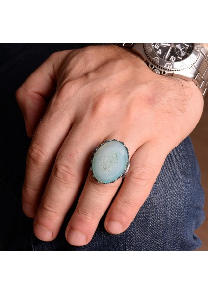 Erkekler Için 925 Ayar Gümüş Yüzük, Doğal Druzy Kuvars: Aqua, Yeşil, Bej Seçenekleri (Aqua) modelleri
