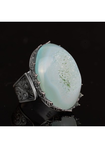 Erkekler Için 925 Ayar Gümüş Yüzük, Doğal Druzy Kuvars: Aqua, Yeşil, Bej Seçenekleri (Aqua) fırsatları