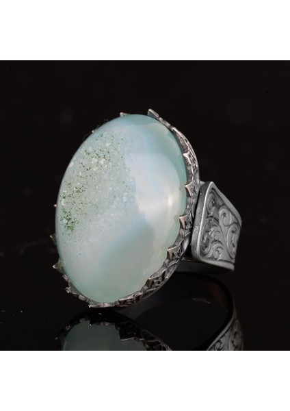 Erkekler Için 925 Ayar Gümüş Yüzük, Doğal Druzy Kuvars: Aqua, Yeşil, Bej Seçenekleri (Aqua) indirimleri
