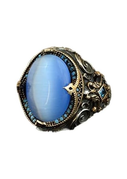 El Yapımı Yapay Taş Yüzük - 925 Ayar Gümüş Erkek Takısı (Mavi Kedi Göz)