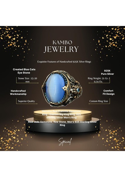 El Yapımı Yapay Taş Yüzük - 925 Ayar Gümüş Erkek Takısı (Mavi Kedi Göz) fiyatları