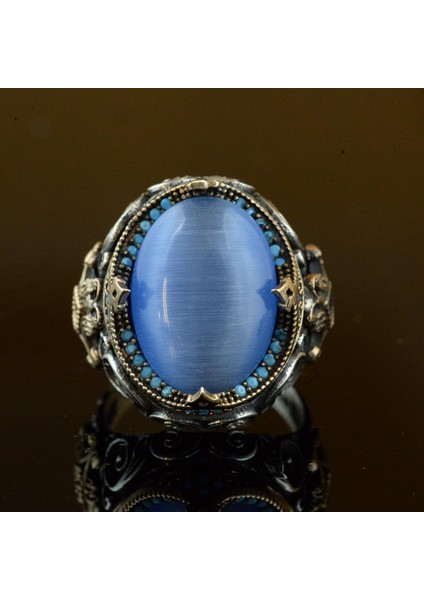 El Yapımı Yapay Taş Yüzük - 925 Ayar Gümüş Erkek Takısı (Mavi Kedi Göz) modelleri