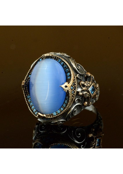 El Yapımı Yapay Taş Yüzük - 925 Ayar Gümüş Erkek Takısı (Mavi Kedi Göz) fırsatları