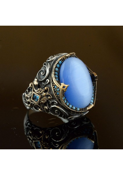 El Yapımı Yapay Taş Yüzük - 925 Ayar Gümüş Erkek Takısı (Mavi Kedi Göz) indirimleri