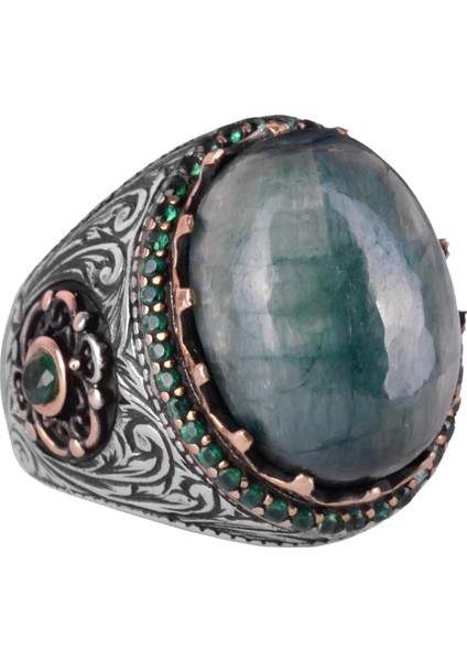 Yapılmış Taş Yüzük - 925 Ayar Gümüş El Yapımı Yüzük - Yapılmış Cabochon Zümrüt Yüzük