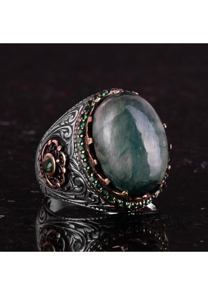 Yapılmış Taş Yüzük - 925 Ayar Gümüş El Yapımı Yüzük - Yapılmış Cabochon Zümrüt Yüzük indirimleri
