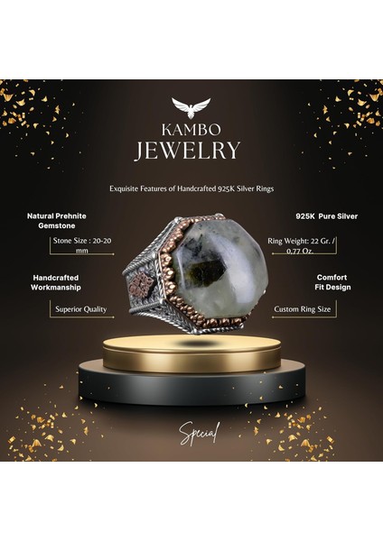 Doğal Taş Yüzük - Sekizgen Tasarım - El Yapımı 925 Ayar Gümüş Takı (Prehnite) fiyatları