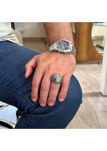 Doğal Taş Yüzük - Sekizgen Tasarım - El Yapımı 925 Ayar Gümüş Takı (Prehnite) modelleri