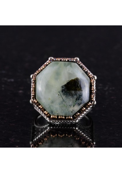 Doğal Taş Yüzük - Sekizgen Tasarım - El Yapımı 925 Ayar Gümüş Takı (Prehnite) fırsatları