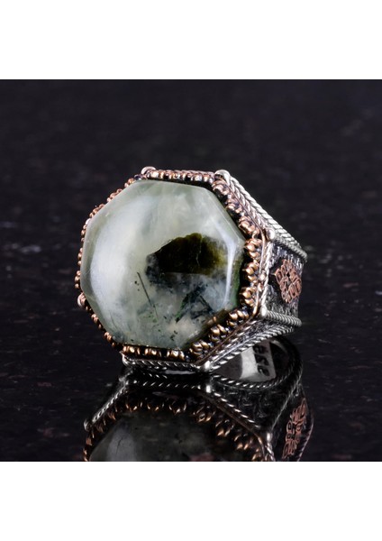 Doğal Taş Yüzük - Sekizgen Tasarım - El Yapımı 925 Ayar Gümüş Takı (Prehnite) indirimleri