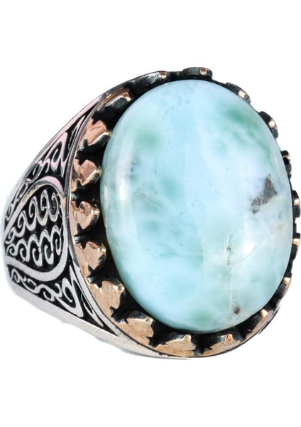 925 Ayar Katı Gümüş Erkek Yüzük - Doğal Larimar Taşı ile El Yapımı Zarafet