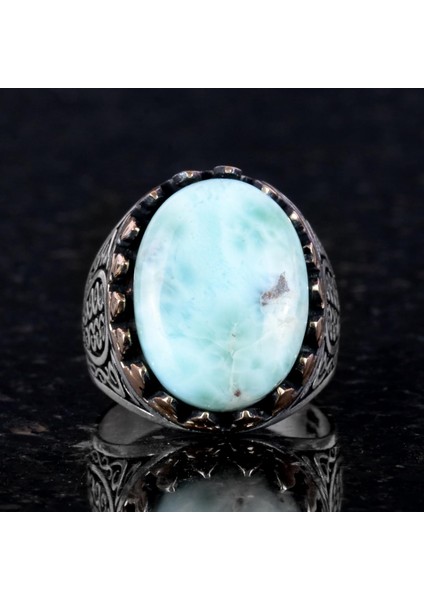 925 Ayar Katı Gümüş Erkek Yüzük - Doğal Larimar Taşı ile El Yapımı Zarafet fiyatları