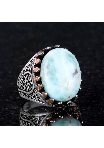 925 Ayar Katı Gümüş Erkek Yüzük - Doğal Larimar Taşı ile El Yapımı Zarafet modelleri