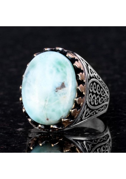 925 Ayar Katı Gümüş Erkek Yüzük - Doğal Larimar Taşı ile El Yapımı Zarafet fırsatları