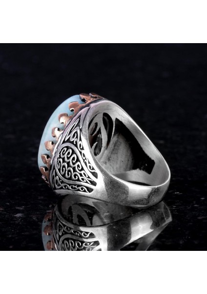 925 Ayar Katı Gümüş Erkek Yüzük - Doğal Larimar Taşı ile El Yapımı Zarafet indirimleri