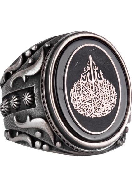Doğal Oniks Taşlı Gümüş Erkek Yüzük - Ayet-El Kursi Tasarım Yüzük - El Yapımı Islami Yüzük