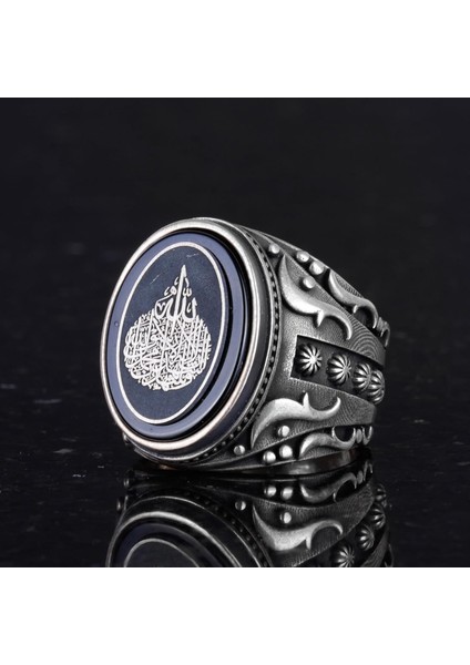 Doğal Oniks Taşlı Gümüş Erkek Yüzük - Ayet-El Kursi Tasarım Yüzük - El Yapımı Islami Yüzük indirimleri