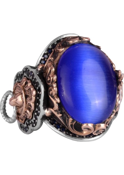 Mavi Kedi Gözlü Taş Yüzük, Aslan Sembolü Erkek Yüzüğü, 925 Ayar Gümüş Tasarım Erkek Yüzüğü