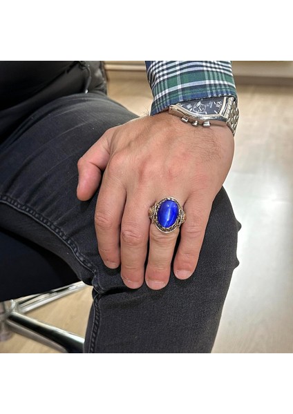 Mavi Kedi Gözlü Taş Yüzük, Aslan Sembolü Erkek Yüzüğü, 925 Ayar Gümüş Tasarım Erkek Yüzüğü modelleri