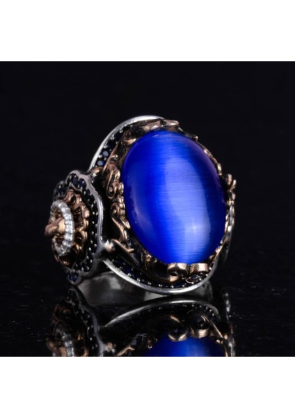 Mavi Kedi Gözlü Taş Yüzük, Aslan Sembolü Erkek Yüzüğü, 925 Ayar Gümüş Tasarım Erkek Yüzüğü indirimleri