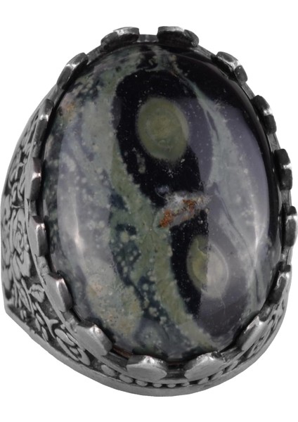 Doğal Taş Yüzük - Gül Desenli Yüzük - 925 Ayar Gümüş Yüzük - El Yapımı Büyük Yüzük (Yeşil Göz)