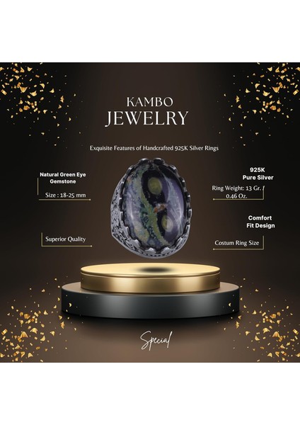 Doğal Taş Yüzük - Gül Desenli Yüzük - 925 Ayar Gümüş Yüzük - El Yapımı Büyük Yüzük (Yeşil Göz) fiyatları