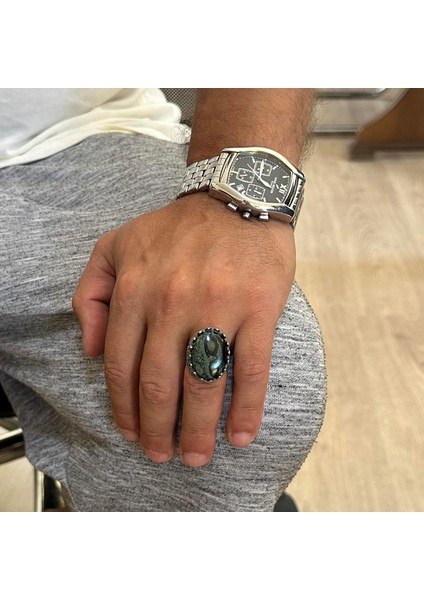 Doğal Taş Yüzük - Gül Desenli Yüzük - 925 Ayar Gümüş Yüzük - El Yapımı Büyük Yüzük (Yeşil Göz) modelleri