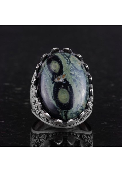 Doğal Taş Yüzük - Gül Desenli Yüzük - 925 Ayar Gümüş Yüzük - El Yapımı Büyük Yüzük (Yeşil Göz) fırsatları