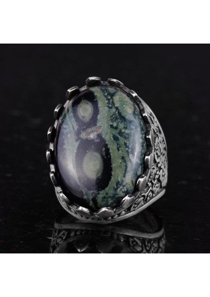 Doğal Taş Yüzük - Gül Desenli Yüzük - 925 Ayar Gümüş Yüzük - El Yapımı Büyük Yüzük (Yeşil Göz) indirimleri