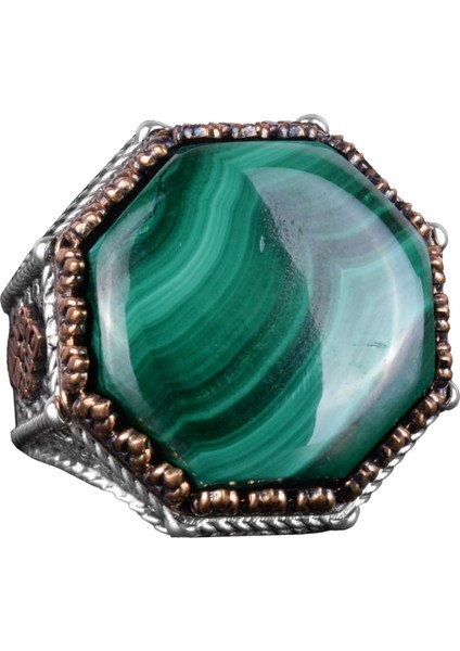 Doğal Taş Yüzük - Sekizgen Tasarım - El Yapımı 925 Ayar Gümüş Takı (Malahit)
