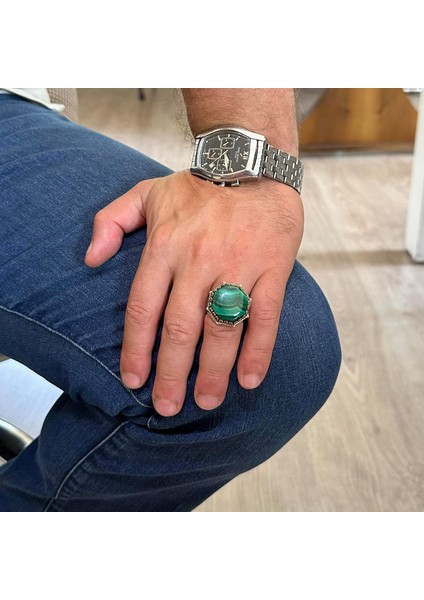 Doğal Taş Yüzük - Sekizgen Tasarım - El Yapımı 925 Ayar Gümüş Takı (Malahit) fiyatları