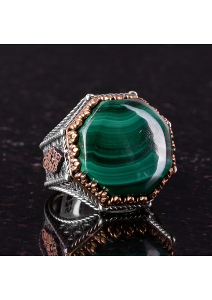 Doğal Taş Yüzük - Sekizgen Tasarım - El Yapımı 925 Ayar Gümüş Takı (Malahit) modelleri