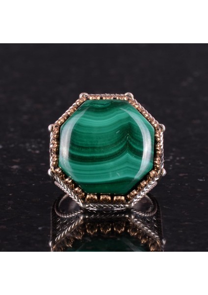 Doğal Taş Yüzük - Sekizgen Tasarım - El Yapımı 925 Ayar Gümüş Takı (Malahit) fırsatları