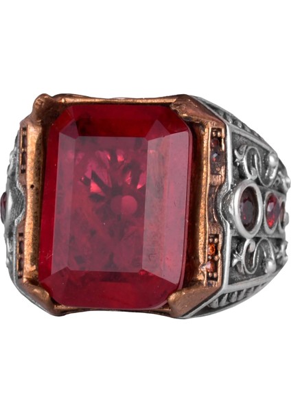 925 Ayar Gümüş El Yapımı Erkek Yüzük - Yapay Taş Yüzük - Erkek Yüzük (Yapay Kırmızı Paraiba)