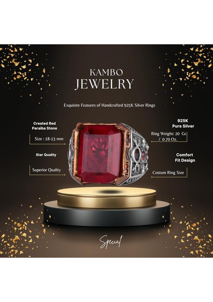 925 Ayar Gümüş El Yapımı Erkek Yüzük - Yapay Taş Yüzük - Erkek Yüzük (Yapay Kırmızı Paraiba) fiyatları