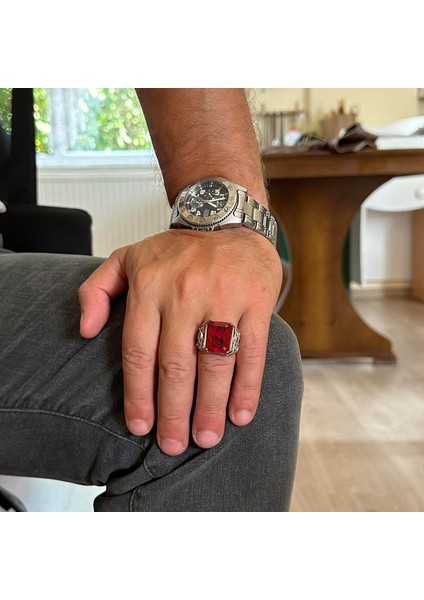 925 Ayar Gümüş El Yapımı Erkek Yüzük - Yapay Taş Yüzük - Erkek Yüzük (Yapay Kırmızı Paraiba) modelleri