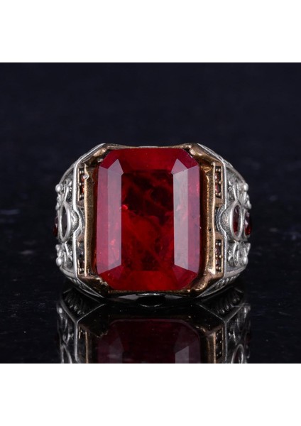 925 Ayar Gümüş El Yapımı Erkek Yüzük - Yapay Taş Yüzük - Erkek Yüzük (Yapay Kırmızı Paraiba) fırsatları