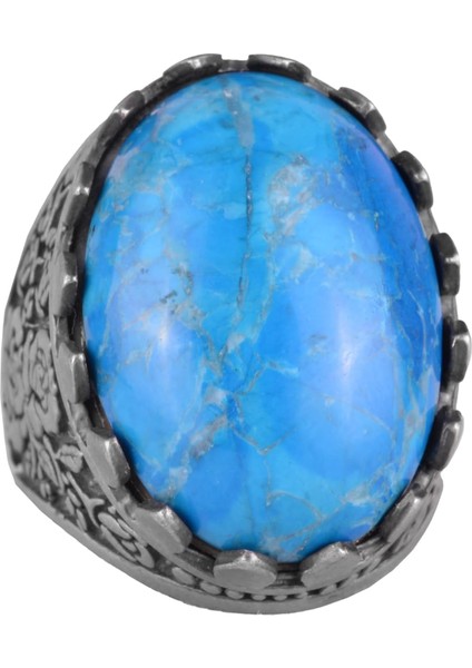 925 Ayar Gümüş Yüzük - Gül Desenli Yüzük - Erkekler Için Oluşturulmuş Taş Yüzük (Oluşturulmuş Turkuaz)