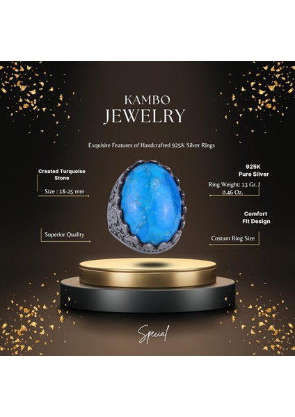 925 Ayar Gümüş Yüzük - Gül Desenli Yüzük - Erkekler Için Oluşturulmuş Taş Yüzük (Oluşturulmuş Turkuaz) fiyatları