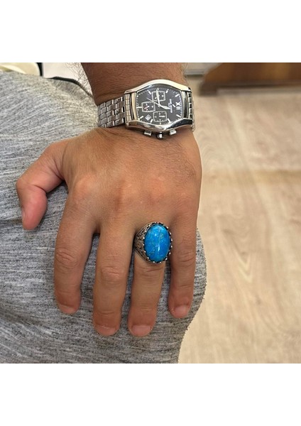 925 Ayar Gümüş Yüzük - Gül Desenli Yüzük - Erkekler Için Oluşturulmuş Taş Yüzük (Oluşturulmuş Turkuaz) modelleri