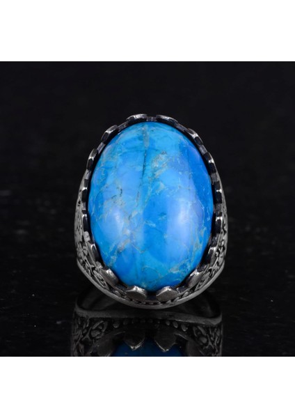 925 Ayar Gümüş Yüzük - Gül Desenli Yüzük - Erkekler Için Oluşturulmuş Taş Yüzük (Oluşturulmuş Turkuaz) fırsatları