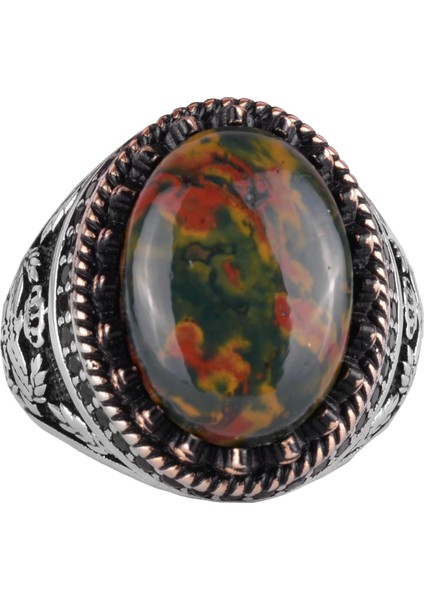 Doğal Taş Yüzük - El Yapımı Kartal Yüzüğü - 925 Ayar Gümüş Yüzük (Yeşil Kan Taşı)