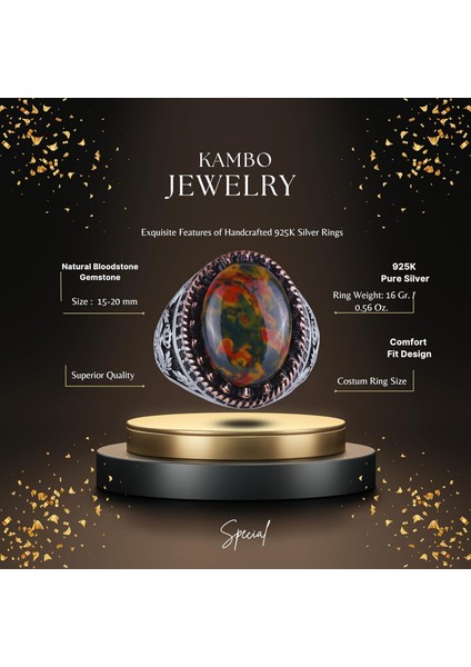 Doğal Taş Yüzük - El Yapımı Kartal Yüzüğü - 925 Ayar Gümüş Yüzük (Yeşil Kan Taşı) fiyatları