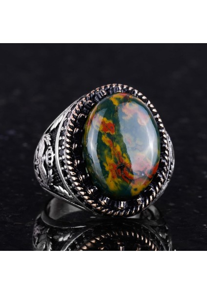 Doğal Taş Yüzük - El Yapımı Kartal Yüzüğü - 925 Ayar Gümüş Yüzük (Yeşil Kan Taşı) indirimleri