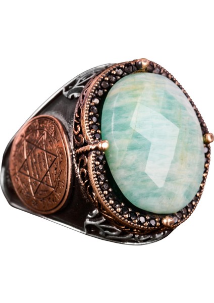 Doğal Amazonit Taşlı Yüzük, Süleyman'ın Mührü Yüzüğü - 925 Ayar Gümüş Yüzük Erkekler Için