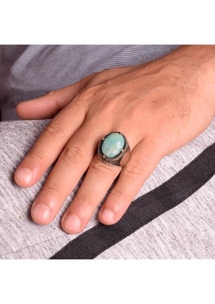 Doğal Amazonit Taşlı Yüzük, Süleyman'ın Mührü Yüzüğü - 925 Ayar Gümüş Yüzük Erkekler Için fiyatları
